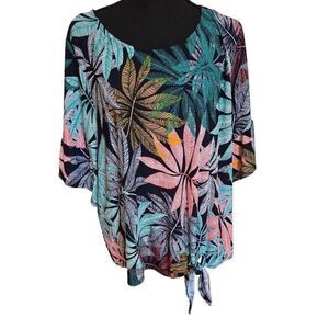 Ruby Rd Womens Tropical Leaf Pullover Side Tie Short Sleeve Top 1X